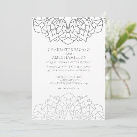 Mandala Silver Gray Pattern Personalized Wedding Kaart (Staand voorkant)