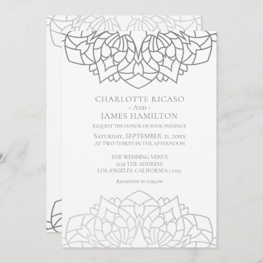 Mandala Silver Gray Pattern Personalized Wedding Kaart (Voorkant / Achterkant)