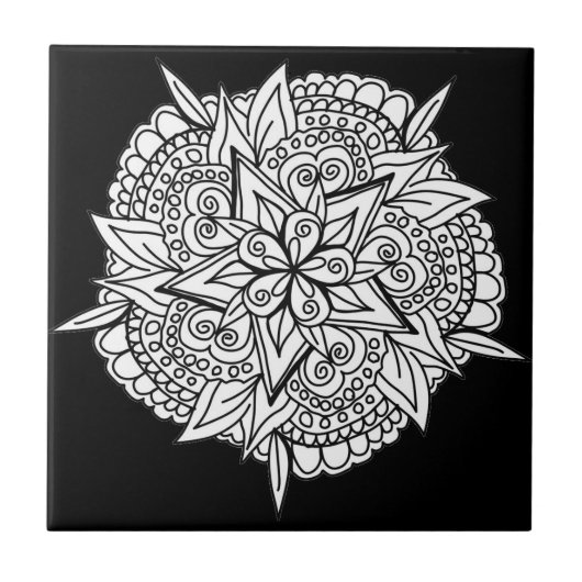 Mandala Star Flower Zwart-wit Keramische Tegel Tegeltje (Voorkant)