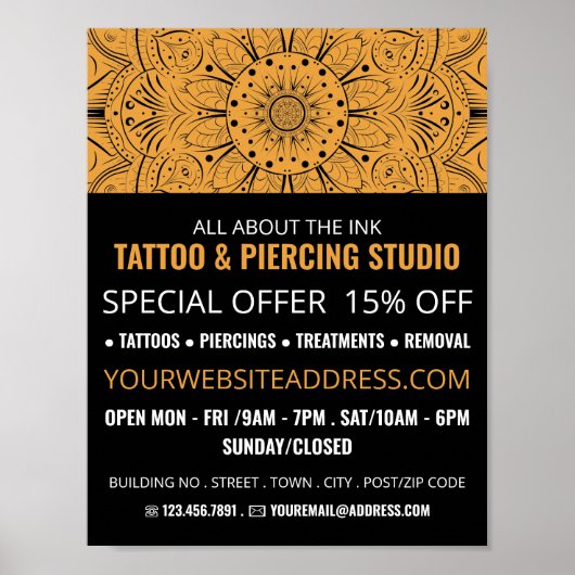 Mandala Symbool, Tatoeage & Body Piercing Studio Poster (Voorkant)