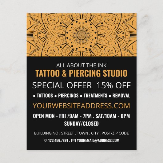 Mandala Symbool, Tattoo & body Piercing Studio Flyer (Voorkant)