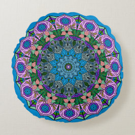 Mandala TealRose 12 Petals Roze Oranje Blauwgroen Rond Kussen