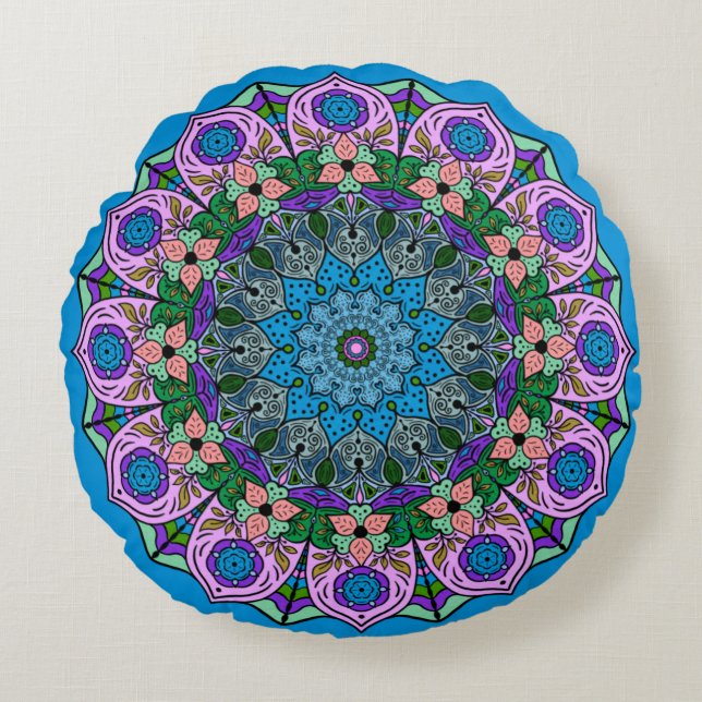 Mandala TealRose 12 Petals Roze Oranje Blauwgroen Rond Kussen (Voorkant)