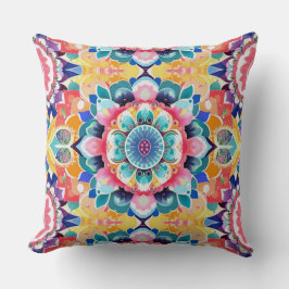 Mandala Tegel in roze, Blauwgroen en geel Kussen