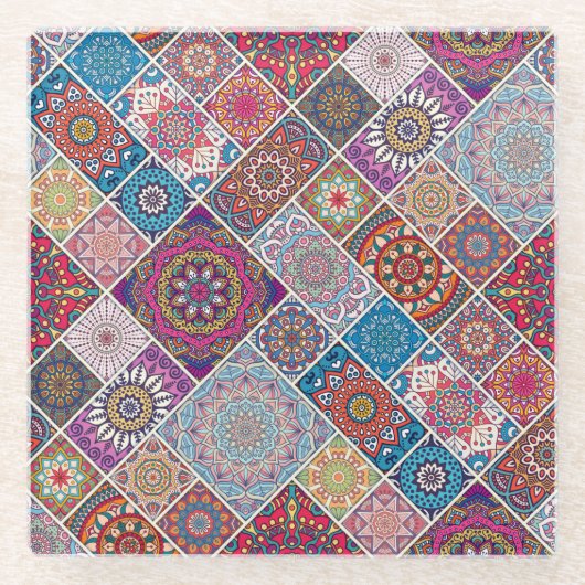 Mandala Tegel Pattern Glazen Onderzetter (Voorkant)