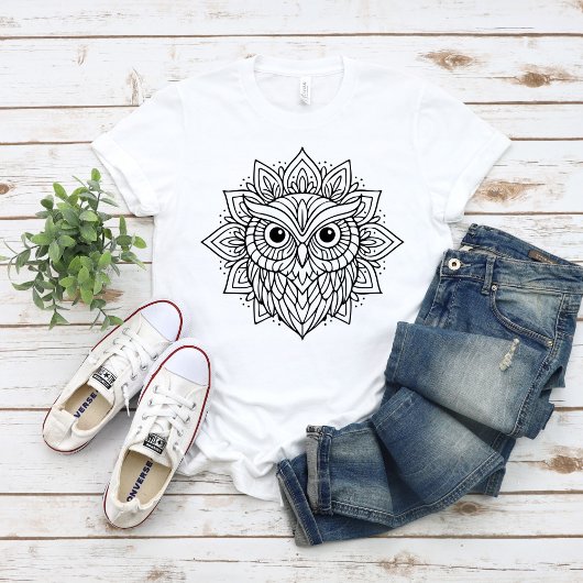 Mandala Uil Hoofd Lijn Kunst T-shirt