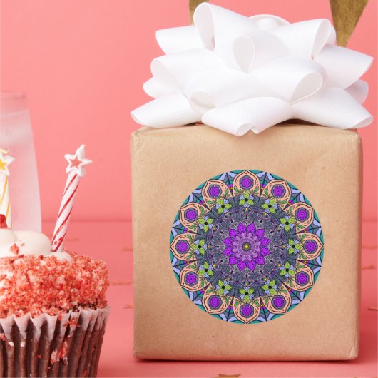 Mandala Violet Peach 12 Petals Salmon roze Green Ronde Sticker (Feest)