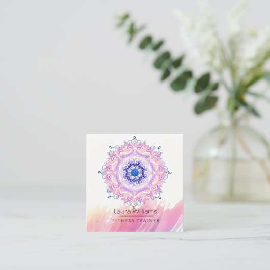 Mandala Waterverf Roze Lotus Yoga Instructor Vierkante Visitekaartje (Staand voorkant)