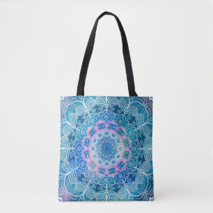 Mandala White Outline 12 on Blue Blauwgroen - Tote Bag