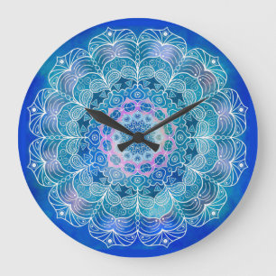 Mandala Wit Omtrek blauwe Waterverf - Grote Klok