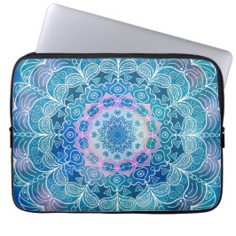 Mandala Wit Omtrek blauwe Waterverf - Laptop Sleeve