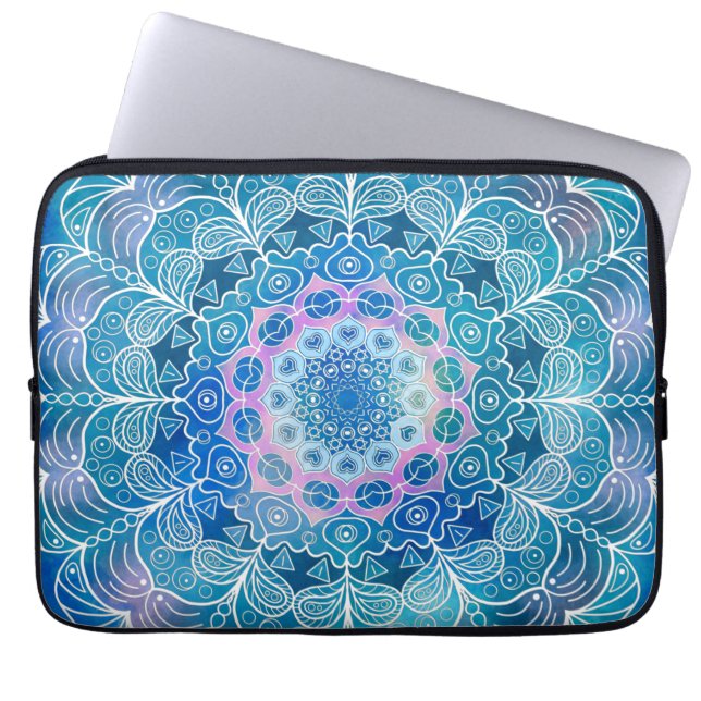 Mandala Wit Omtrek blauwe Waterverf - Laptop Sleeve (Voorkant)