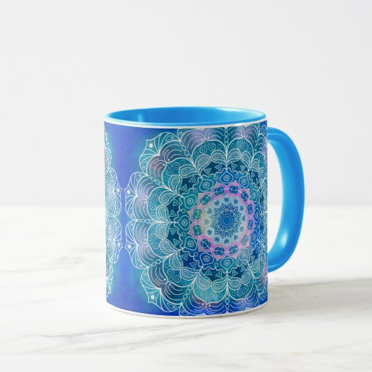 Mandala Wit Omtrek blauwe Waterverf - Mok (Voorkant rechts)