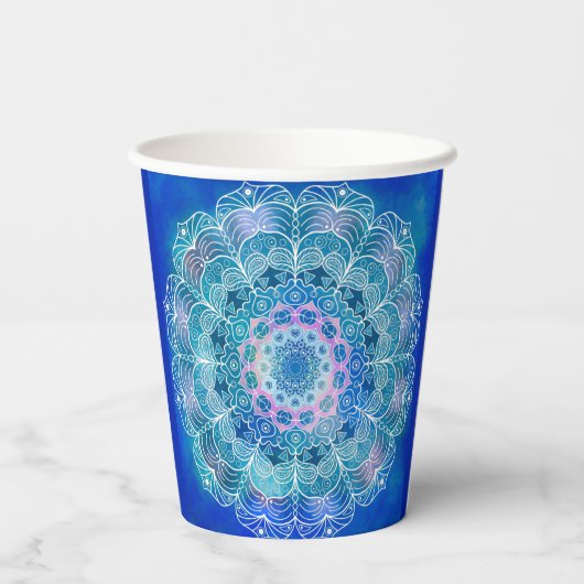 Mandala Wit Omtrek blauwe Waterverf - Papieren Bekers (Achterkant)