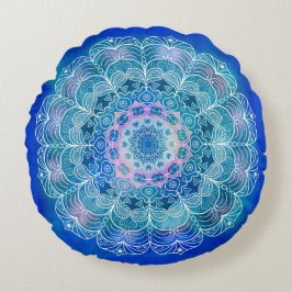 Mandala Wit Omtrek blauwe Waterverf - Rond Kussen