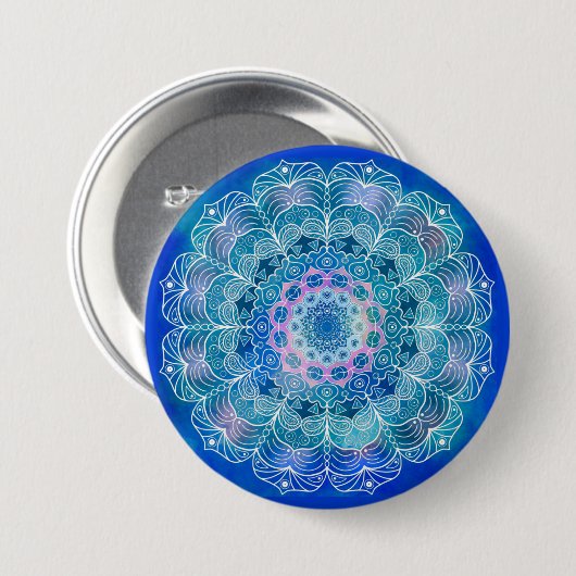 Mandala Wit Omtrek blauwe Waterverf - Ronde Button 7,6 Cm (Voorkant /achterkant)
