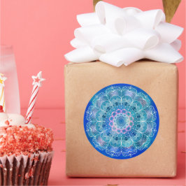 Mandala Wit Omtrek blauwe Waterverf - Ronde Sticker