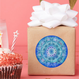 Mandala Wit Omtrek blauwe Waterverf - Ronde Sticker