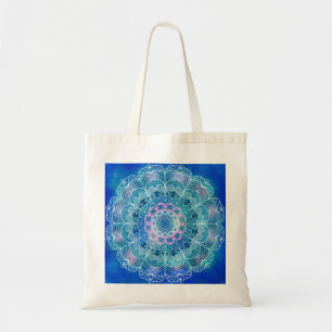 Mandala Wit Omtrek blauwe Waterverf - Tote Bag