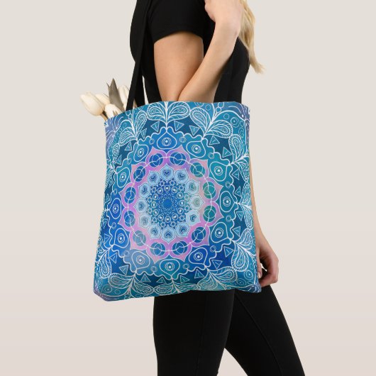 Mandala Wit Omtrek blauwe Waterverf - Tote Bag (Dichtbij)
