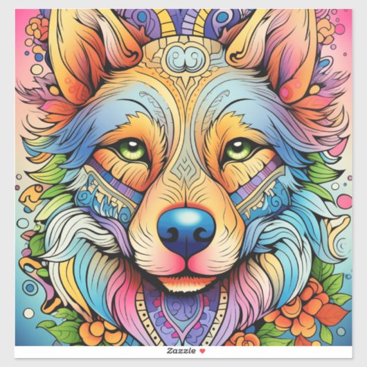 Mandala Wolf met Bloemaccenten Sticker (Vel)