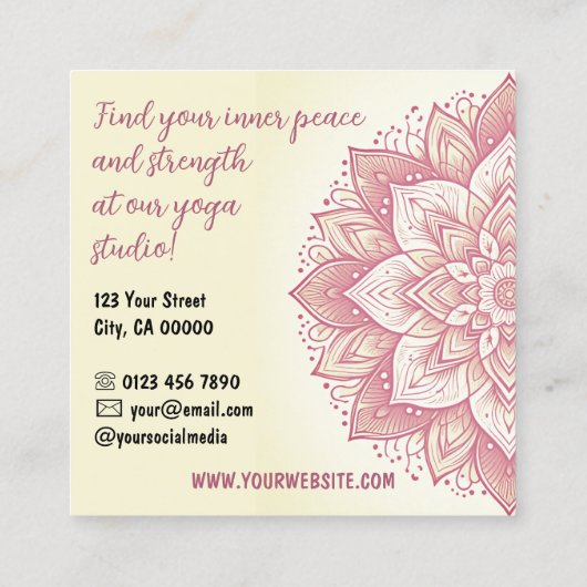 Mandala Yoga Studio Lichtgele Pastel Roze Roos Vierkante Visitekaartje (Achterkant)
