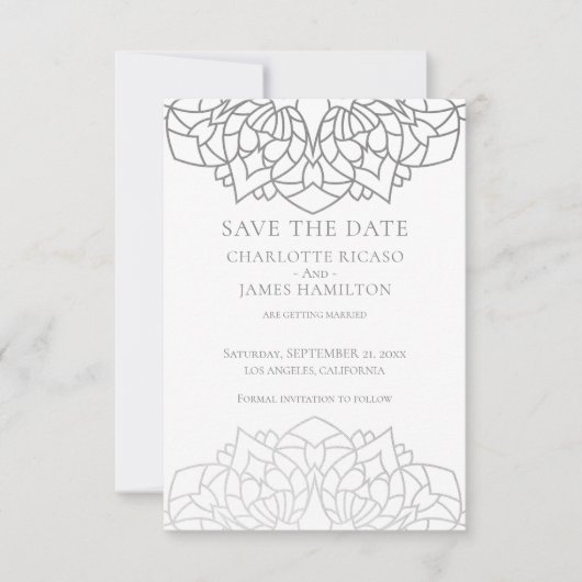 Mandala Zilver Grijs Patroon Persoonlijke Trouwdag Save The Date (Voorkant)