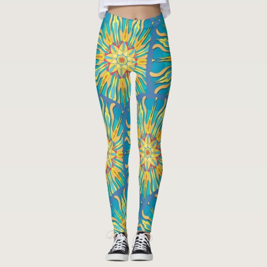 Mandala Zonnegodin, Rode Geeltjes op Aqua Leggings (Voorkant)