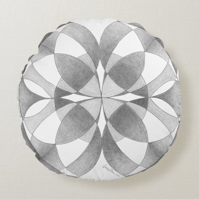 Mandala, zwart, grijs, wit rond kussen (Voorkant)