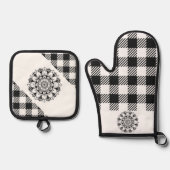 "Mandala" Zwart-wit Gingham Ovenwant & Pannenlap Set (Voorkant)