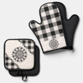 "Mandala" Zwart-wit Gingham Ovenwant & Pannenlap Set (Voorkant / Achterkant)