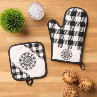 "Mandala" Zwart-wit Gingham Ovenwant & Pannenlap Set