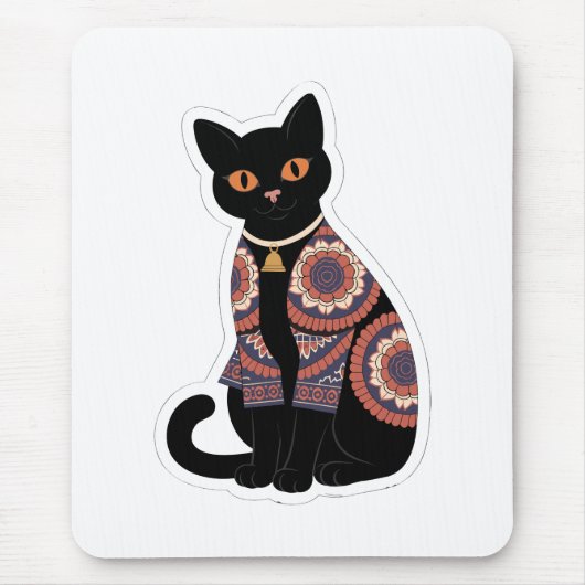 Mandala Zwarte Kat Bel Kraag Muismat (Voorkant)