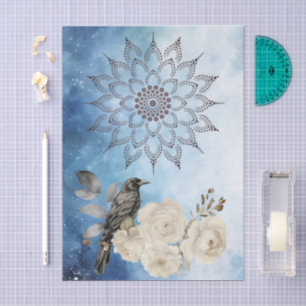 Mandala Zwarte Raaf Witte Bloemen Blauwe Achtergro Tissuepapier