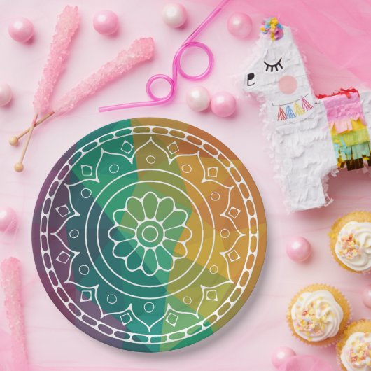 Mandalabloem in regenboog, laag poly-kleurig desig papieren bordje (Feest)