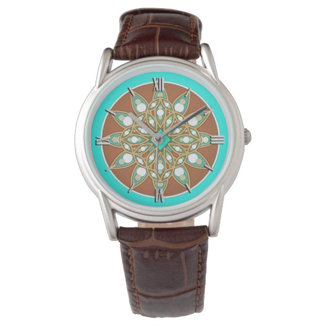 Mandalapatroon in chocolade, tan en turquoise horloge (Voorkant)