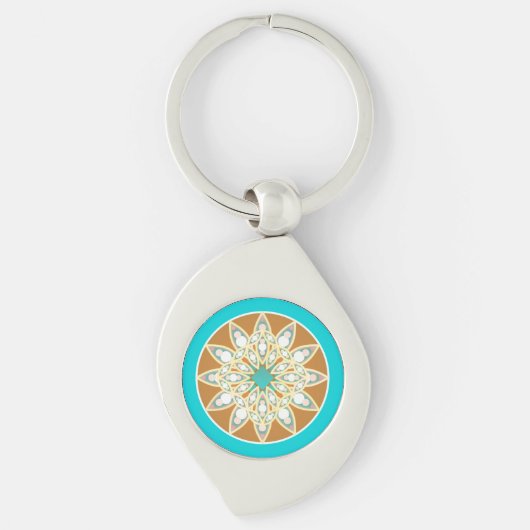 Mandalapatroon in chocolade, tan en turquoise sleutelhanger (Voorkant)