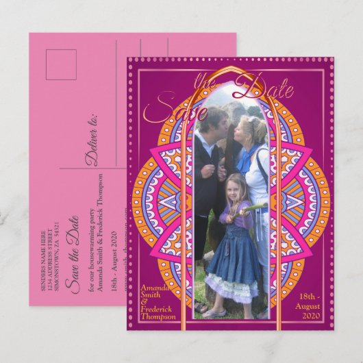 Mandala's in Cerise Roze, Blauw & Sinaasappel Aankondigingskaart (Voorkant / Achterkant)