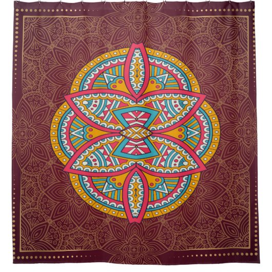 Mandala's in gemengde maroon-herhalingspatronen douchegordijn (Voorkant)