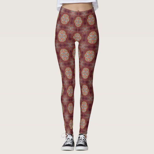 Mandala's in gemengde maroon-herhalingspatronen leggings (Voorkant)