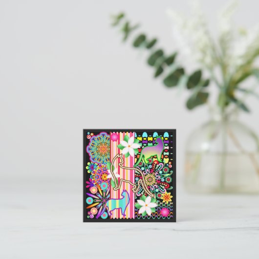 Mandalas, katten en bloemen Fantasy Pattern Vierkante Visitekaartje (Staand voorkant)