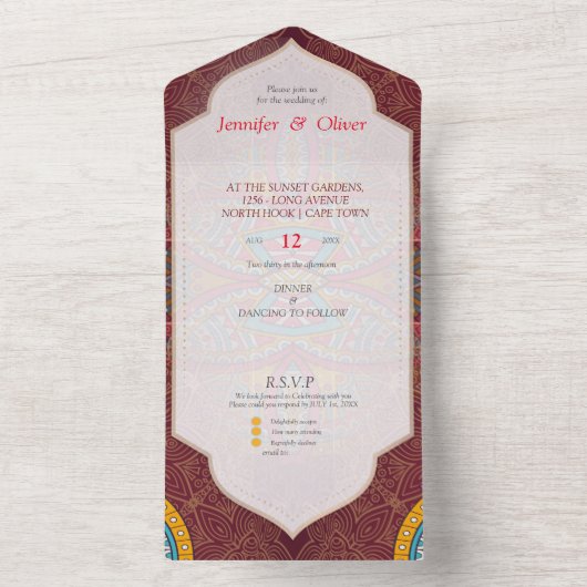 Mandalas op maroon achtergrond all in one uitnodiging (Binnen)