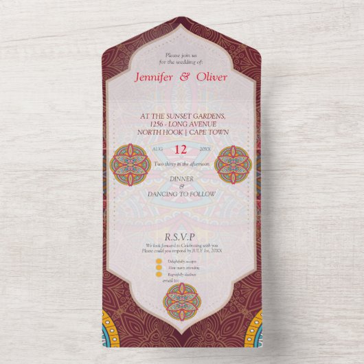 Mandalas op maroon achtergrond all in one uitnodiging (Binnen)