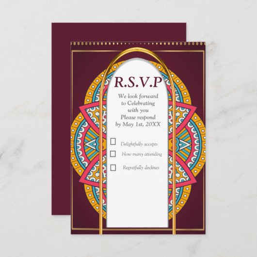Mandalas op maroon achtergrond RSVP kaartje (Voorkant / Achterkant)