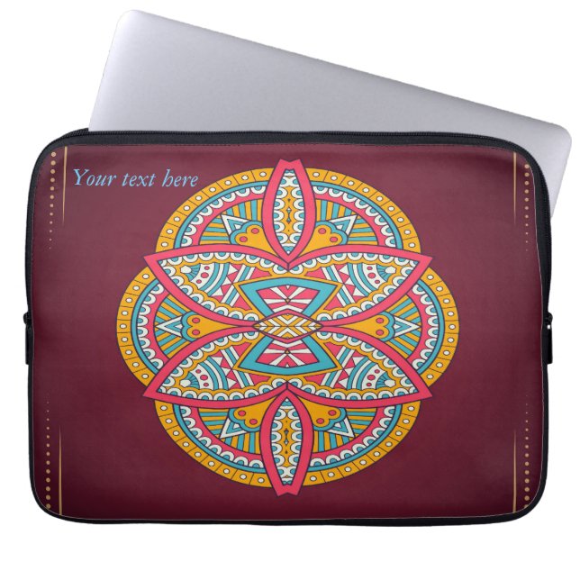 Mandalas op maroon herhaald ontwerp laptop sleeve (Voorkant)