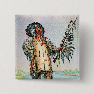 Mandan Indian Ha-Na-Tah-Muah, hoofd van Wolf Vierkante Button 5,1 Cm