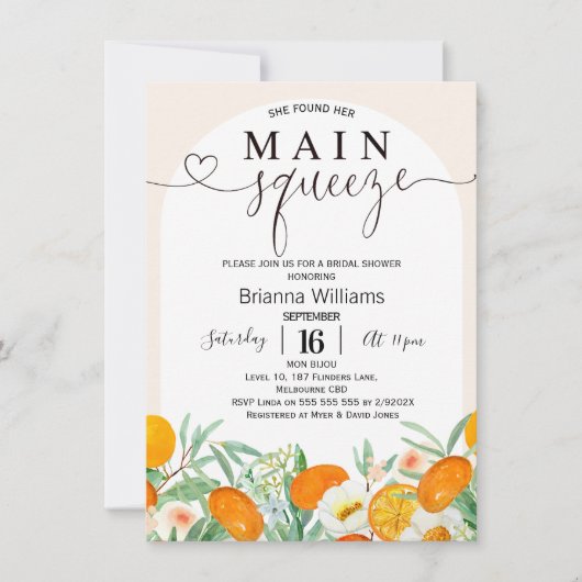 Mandarijn Bloemenboog Main Squeeze Vrijgezellenfee Kaart (Voorkant)