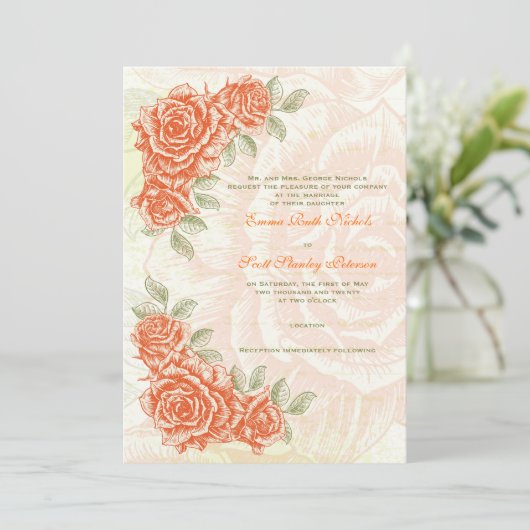  mandarijn oranje rozen huwelijksuitnodiging kaart (Staand voorkant)