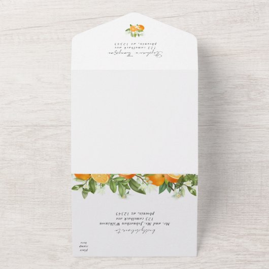 Mandarijn Sinaasappel Waterverf Bruiloft All In One Uitnodiging (Buitenkant)