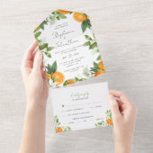 Mandarijn Sinaasappel Waterverf Bruiloft All In One Uitnodiging (Afscheurbaar)